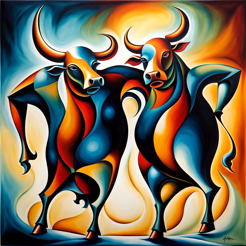 Anthropomorphic Cows Dancing: Abstract Oil Painting