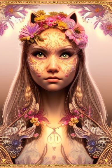 Bioluminescent Cat in Intricate Dress, Klimt Style