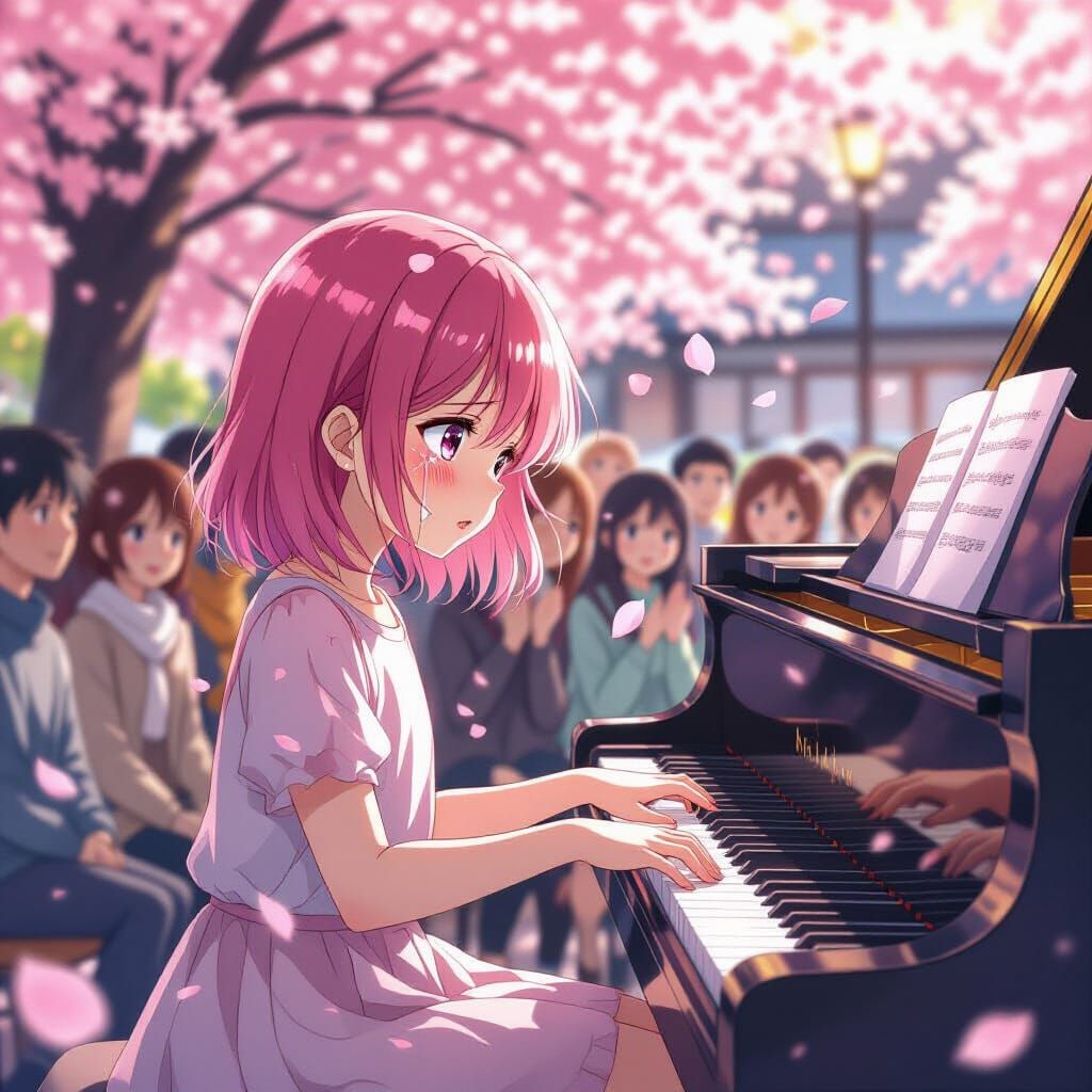 Emotional Anime Girl Plays Piano Amidst Cherry Blossoms