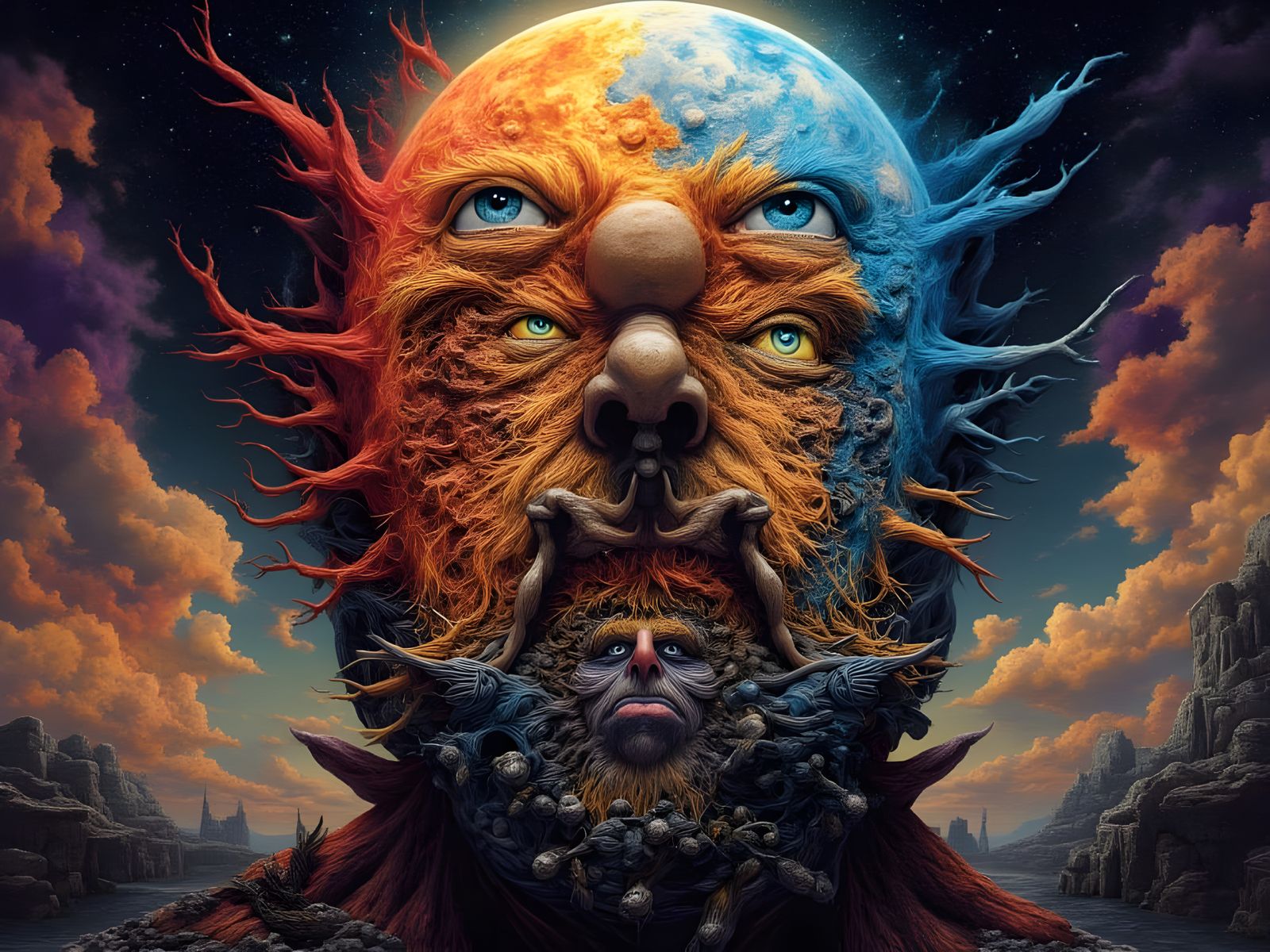 Man Mutation with Peacock and Devil Features in Fractal Face