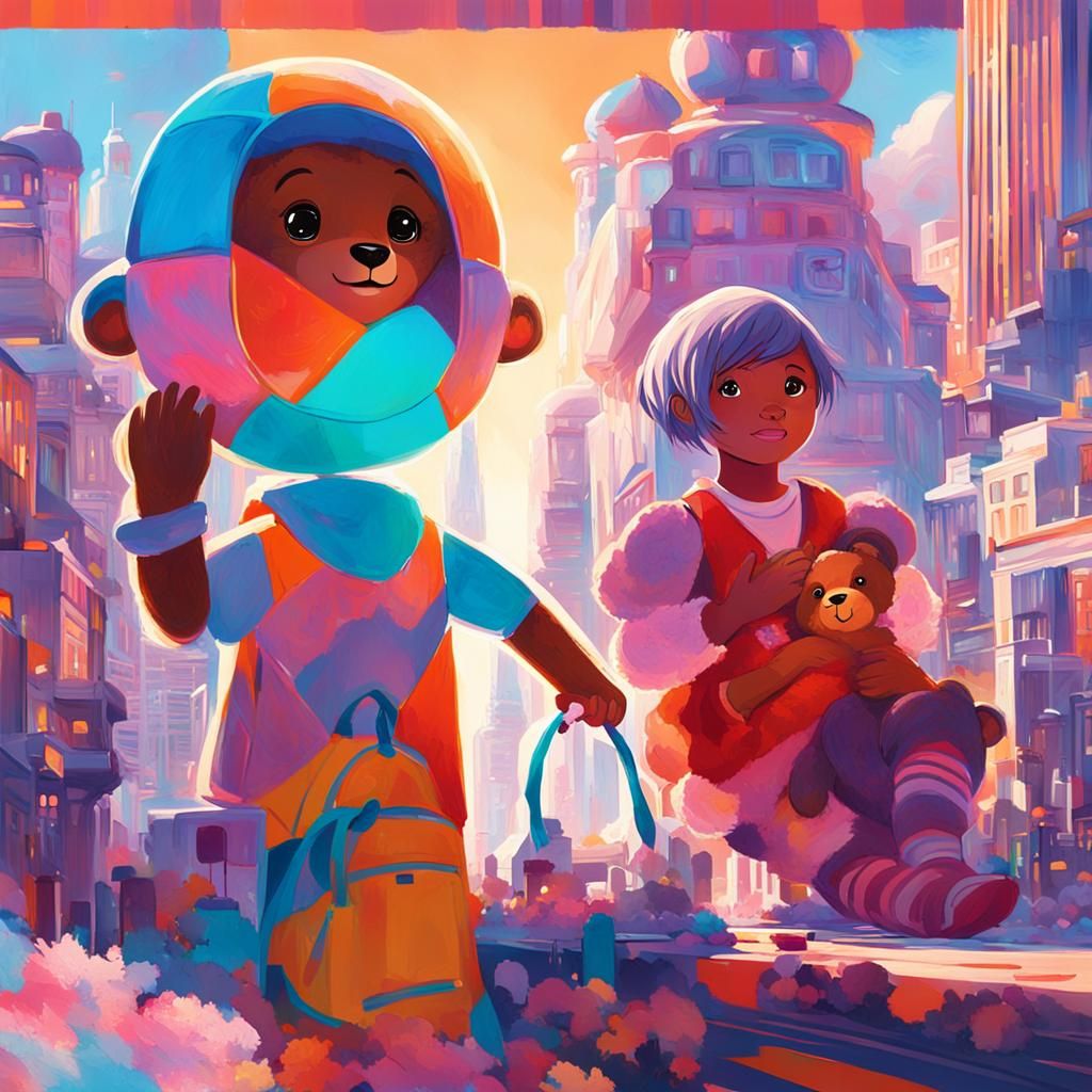 Girl with Teddy Bear in Whimsical Cityscape: Splash Art