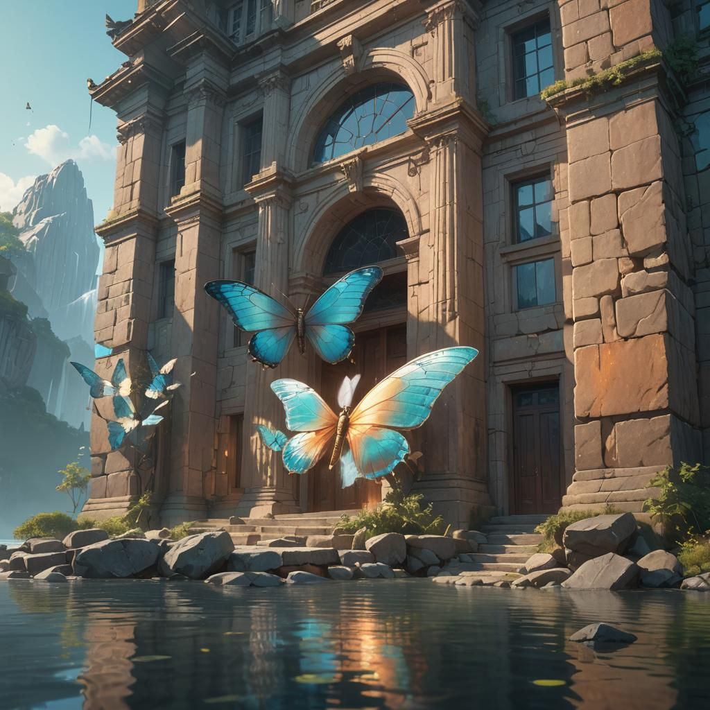 Ethereal Butterfly Illuminates Ancient Stone Building