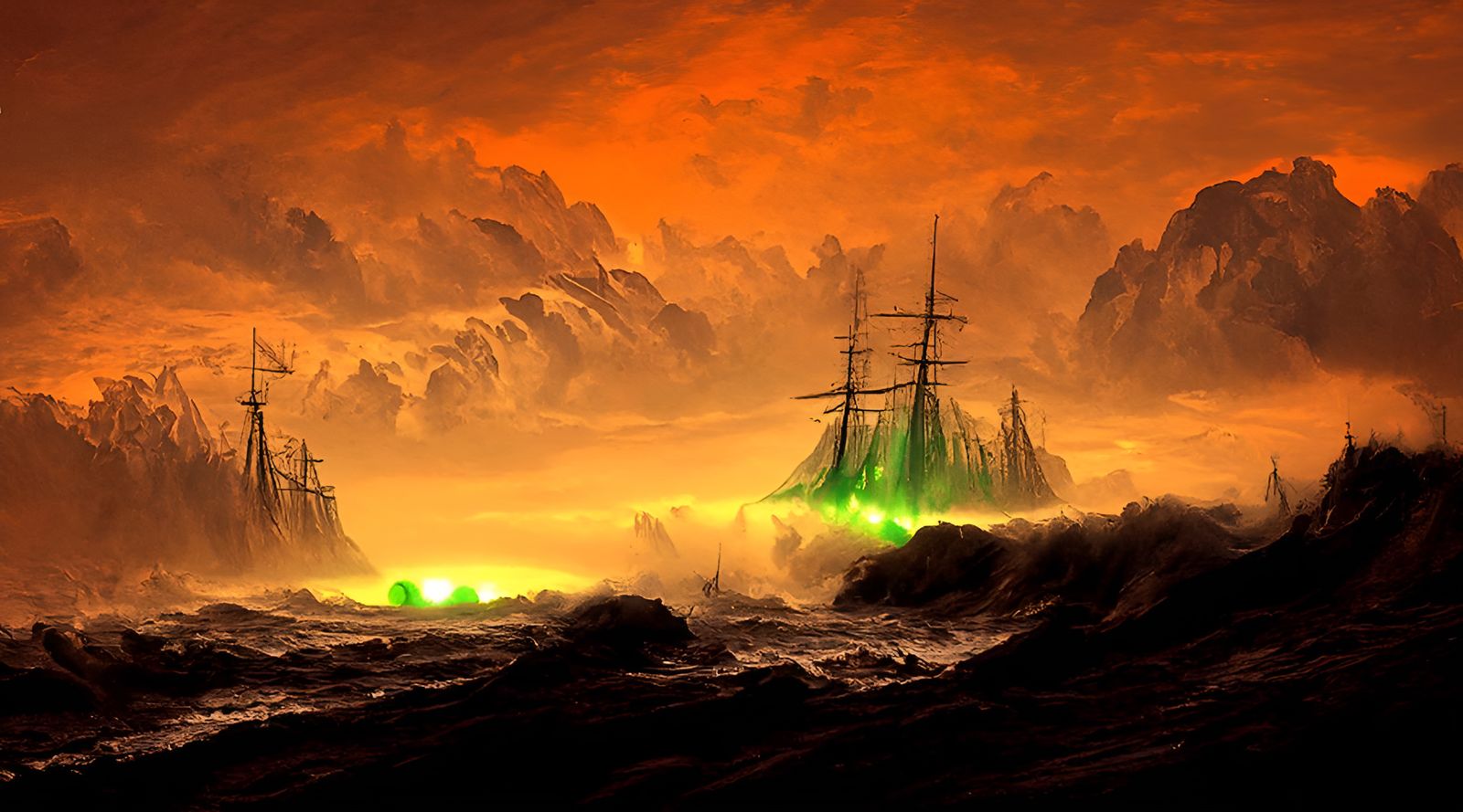 Ghost Ship Sailing Luminous Green Seascape