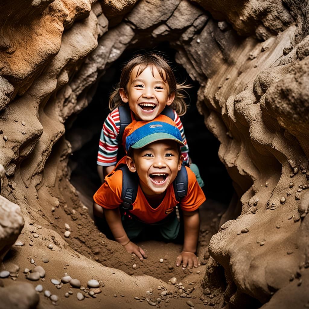 Laughing Children Explore Cave in Close-Up Photo