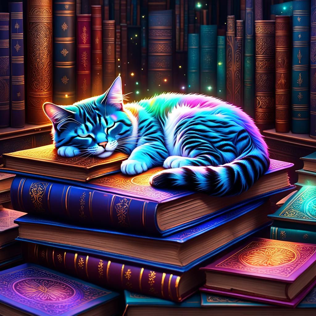 Cat Nap in Magical Library: Holographic Art