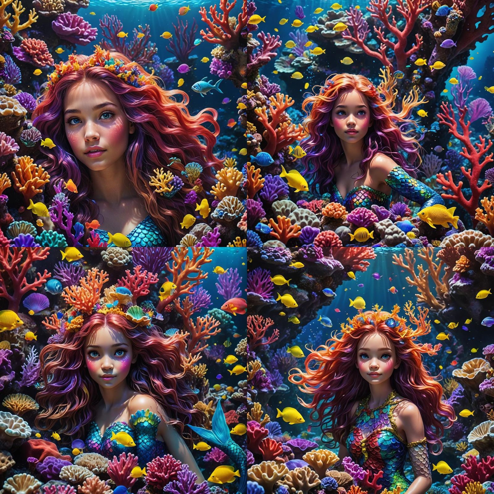Colorful Mermaid Hiding in Glowing Coral Reef