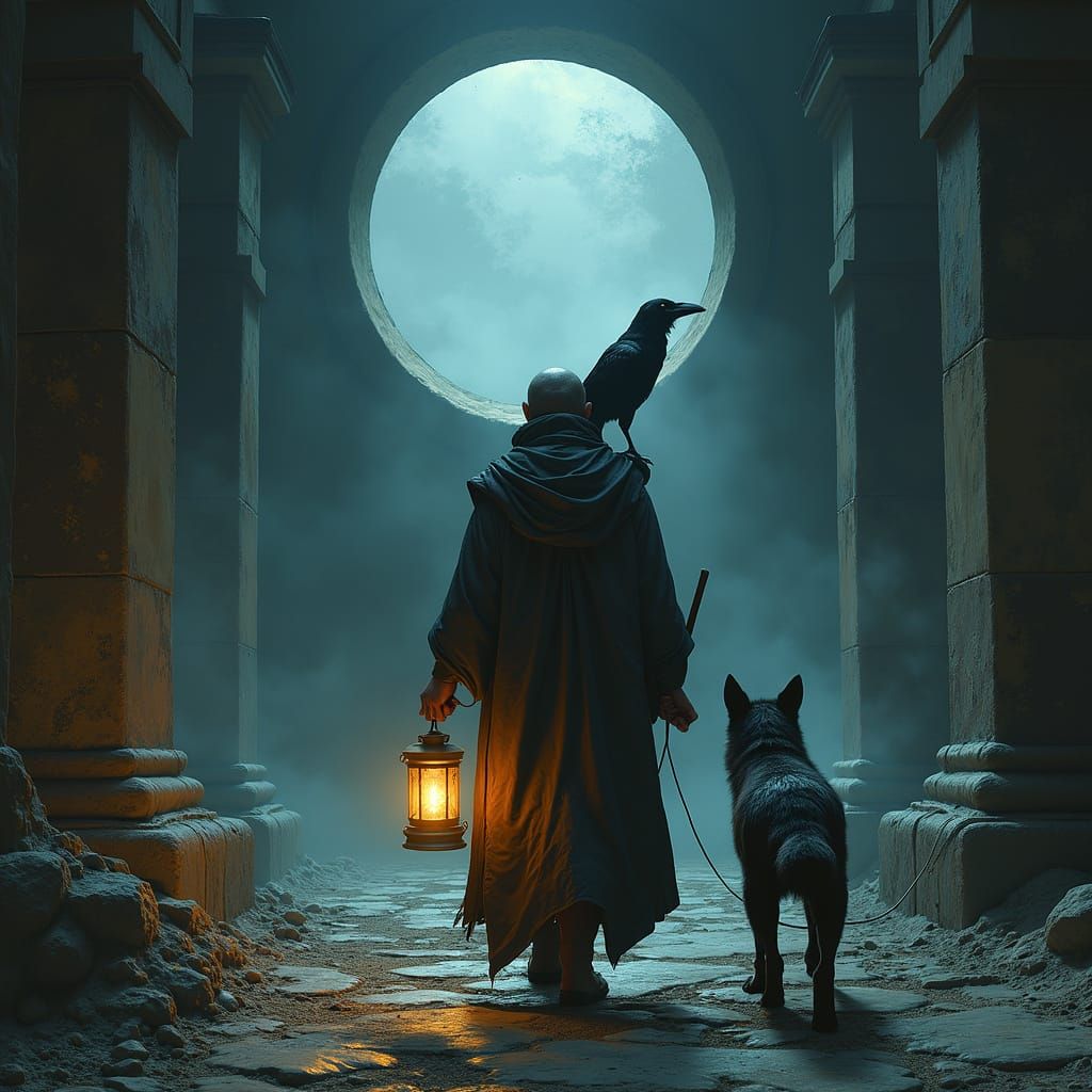 Mystical Wanderer with Raven and Dog in Dutch Realism Style