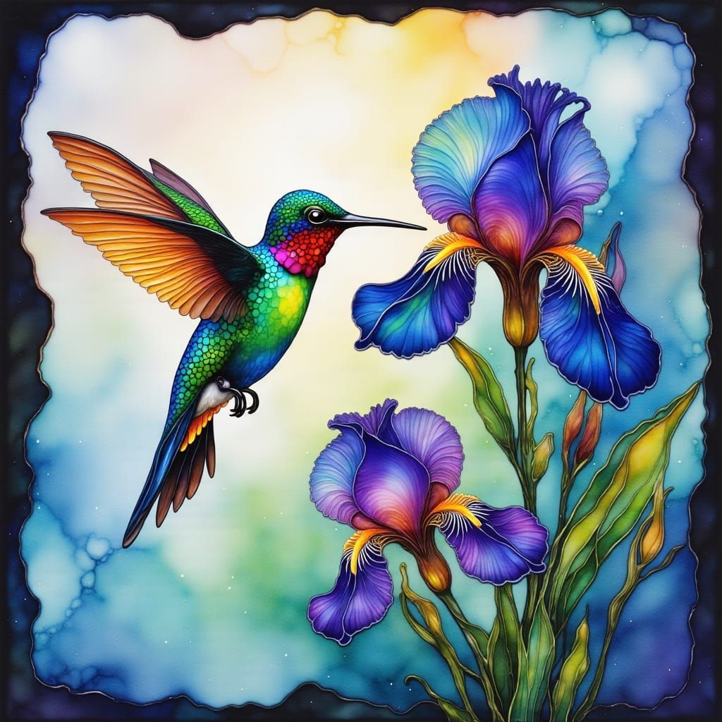 Hummingbird Sips Nectar From Iris Flower