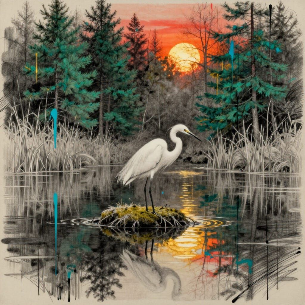 Great Egret Hunts by Winter Sunlit Pond