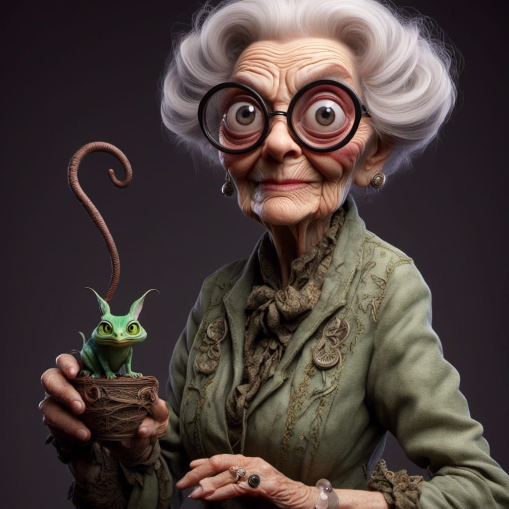 Chic Elderly Lady Walking a Green Creature