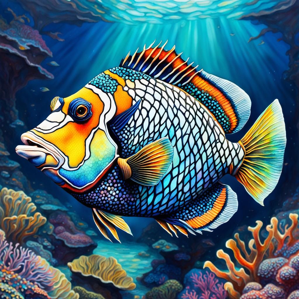 Fantastical Clown Triggerfish in Watercolor Style