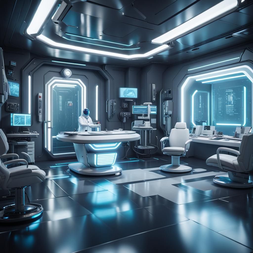 detailed futuristic doctor's office,  3D Game Cinematic Feel, Epic 3D Videogame Graphics, Intricately Detailed, 8K Resol...