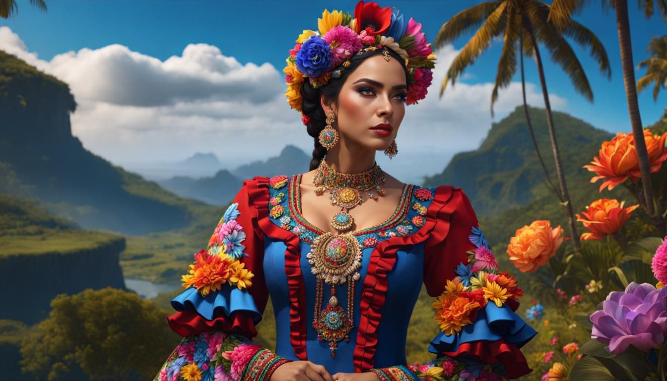 Woman in Venezuelan Dress with Floral Details
