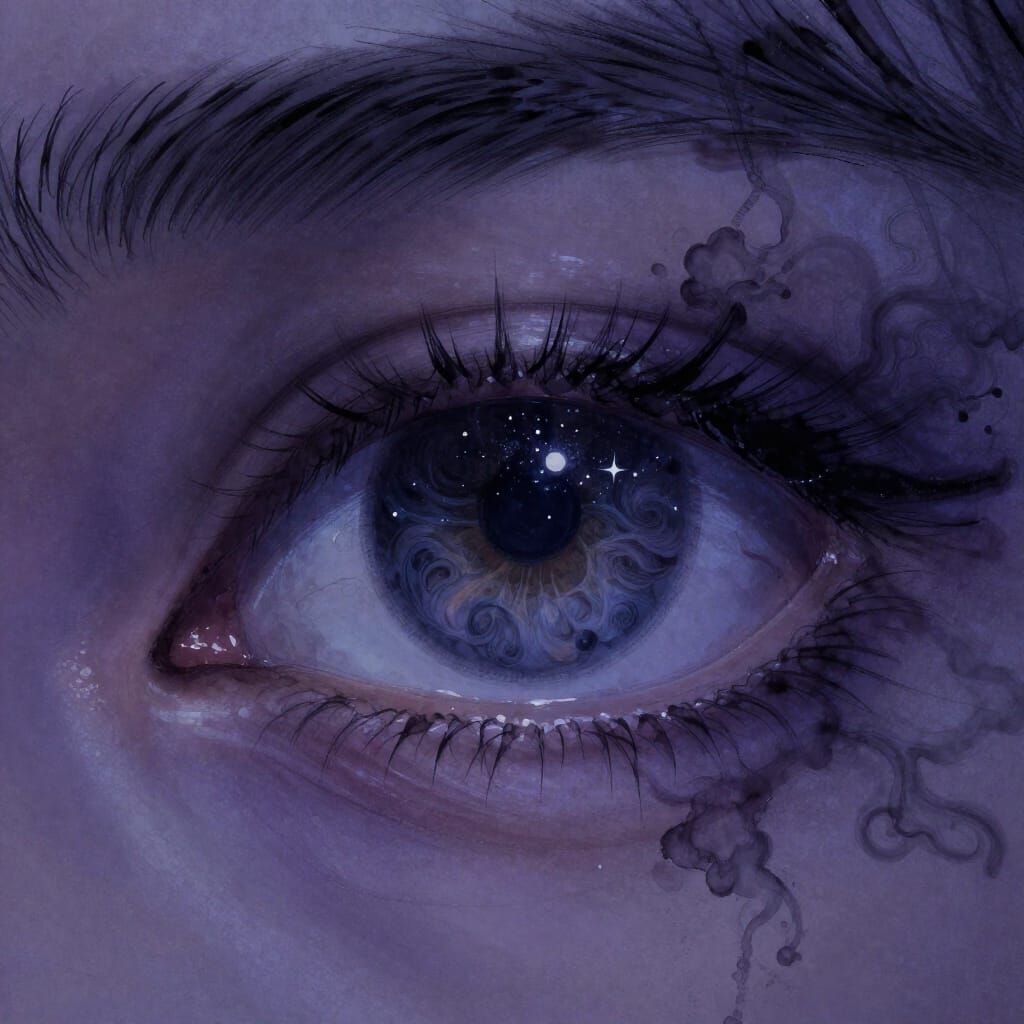 Melancholic Eye Reflecting Starry Sky in Ink Wash Style