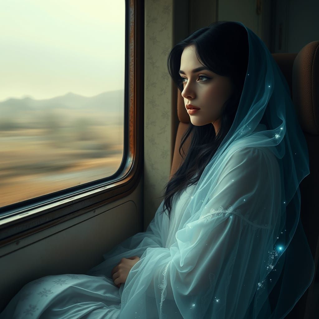 Surreal Train Scene with Ghostly Companion in Dreamlike Atmo...