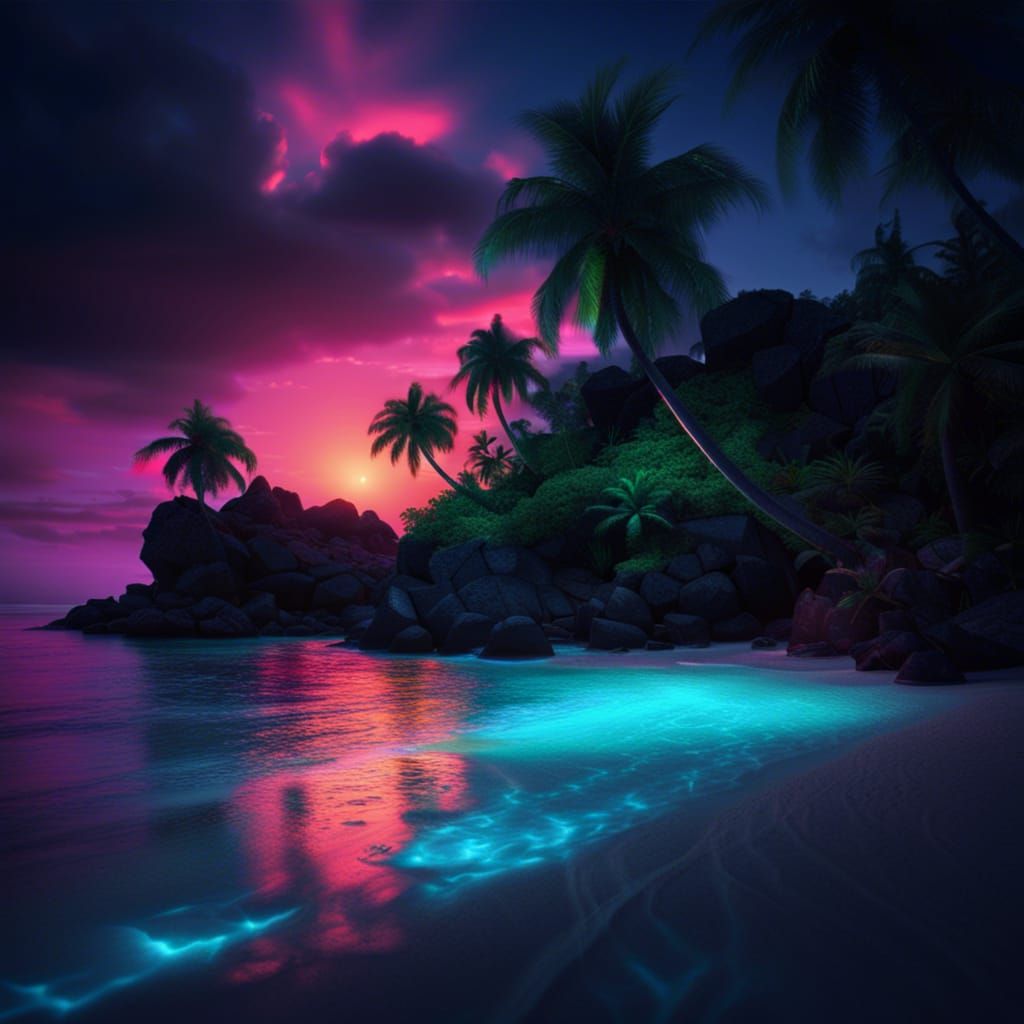 Tropical Island at Night in Black Light