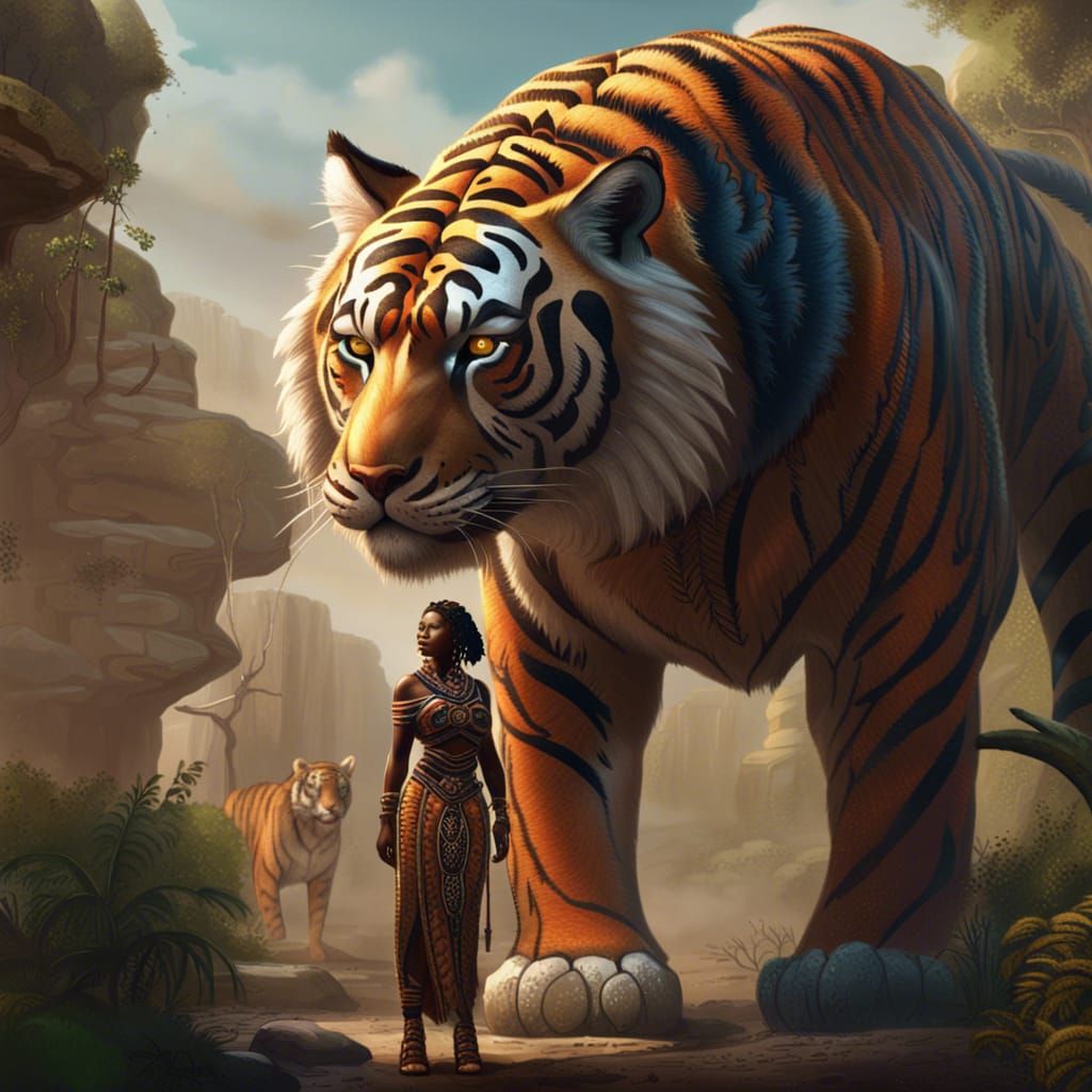 Giant African Princess and Tiger Fantasy Art