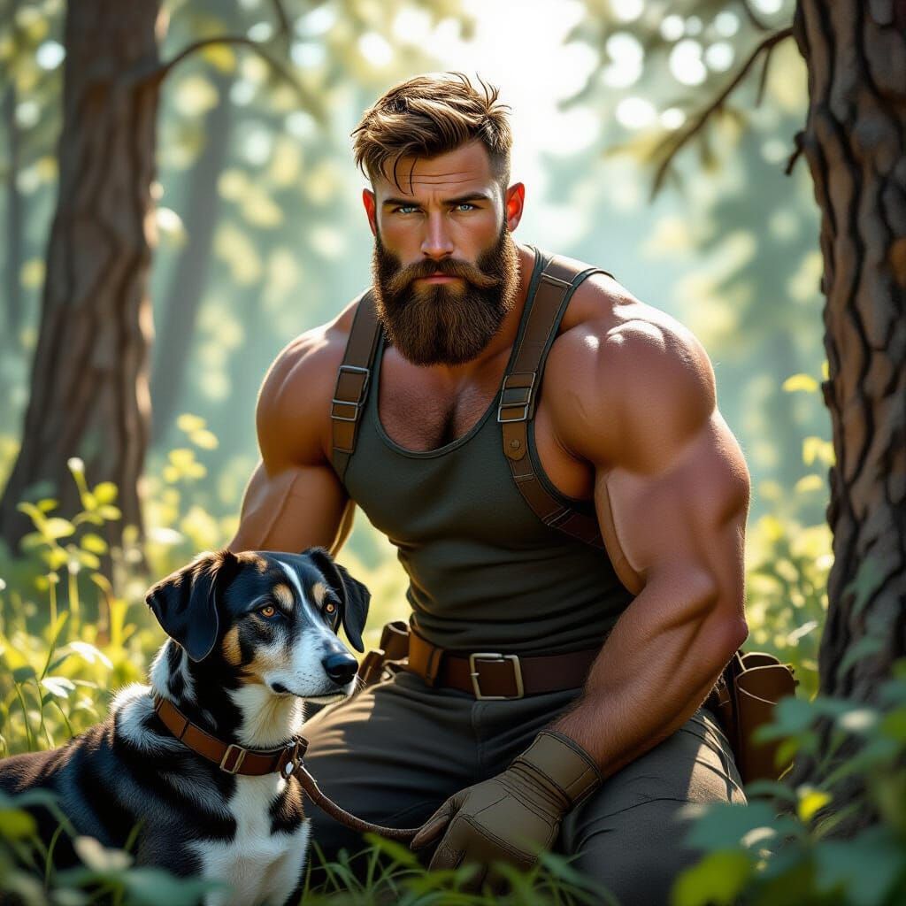 Lumberjack and Greyhound in Sun-Drenched Forest