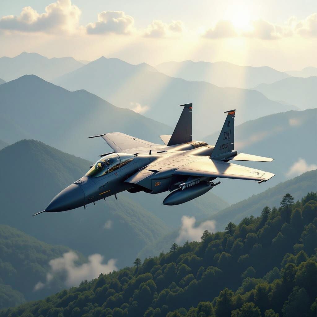 F-15 Eagle Soars Above Smoky Mountains in Concept Art Style