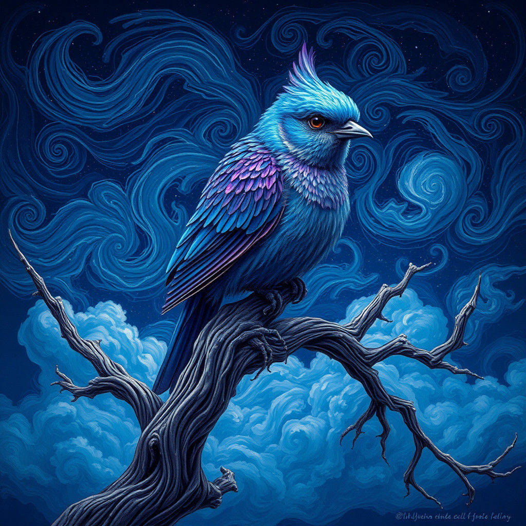 Azure Bird Perched on Gnarled Branch as Impasto Painting