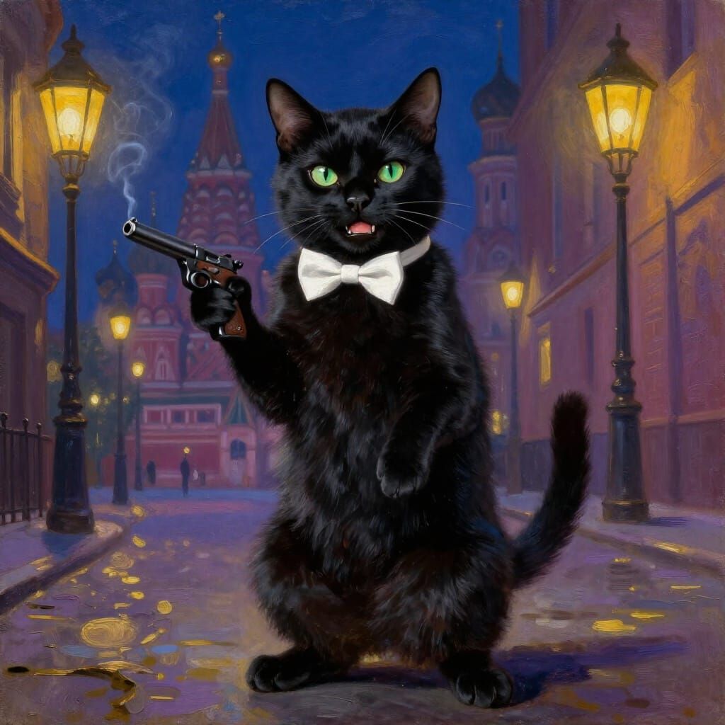 Mischievous Black Cat in Surrealist Moscow Night