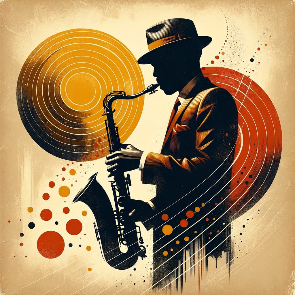 Silhouette of Jazz Saxophonist with Fedora in Retro Style