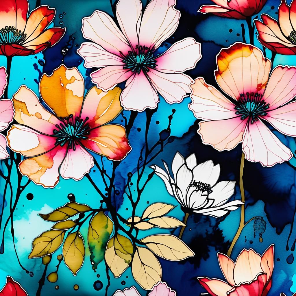 High Contrast Floral Arrangement in Alcohol Ink