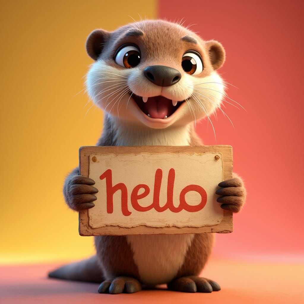 Cute Otter Holding Hello Sign: Pixar Style