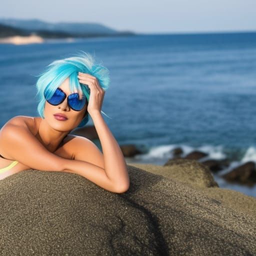 Blue-Haired Woman Sunbathing on Beach
