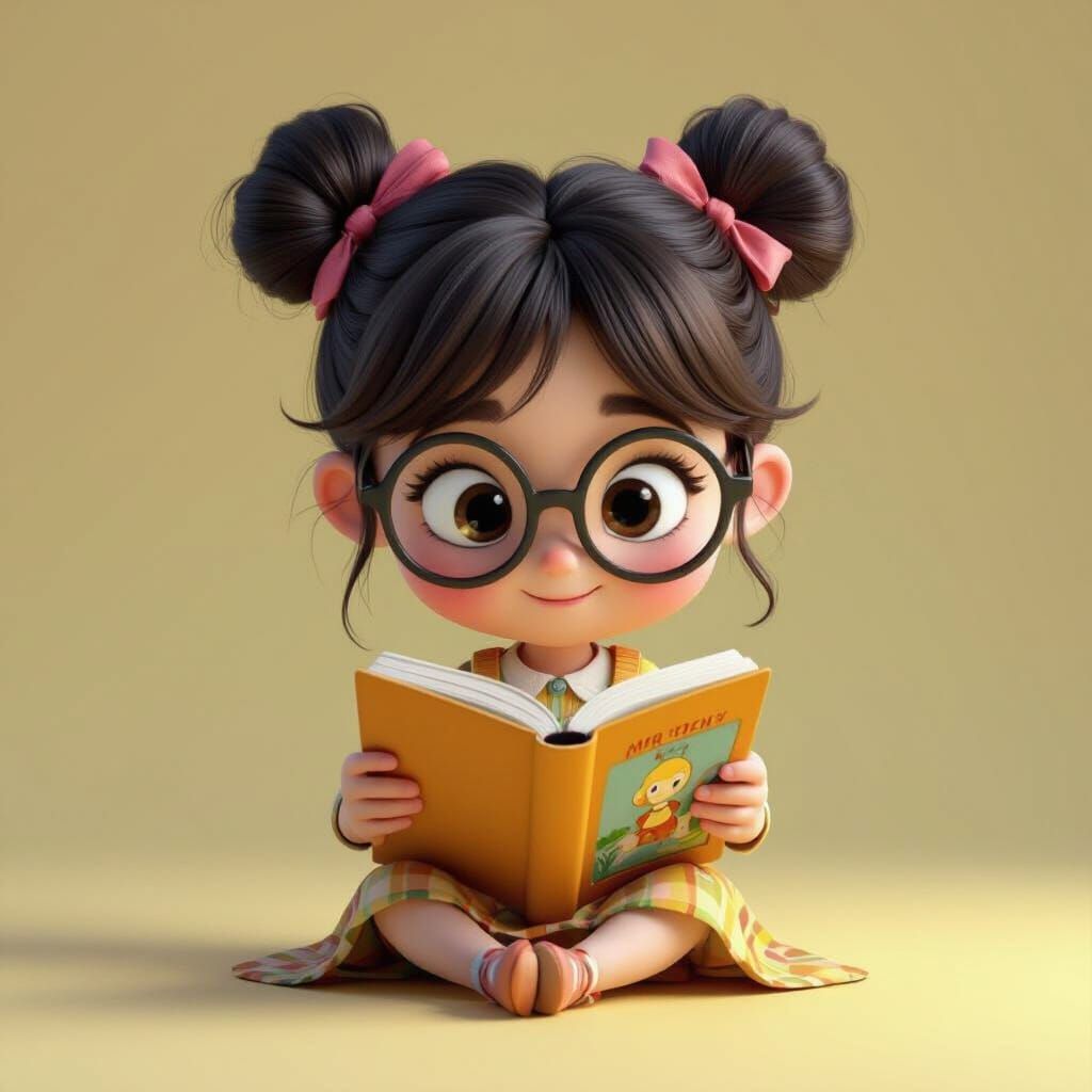 3D Girl with Glasses Reads Storybook in Pixar Style