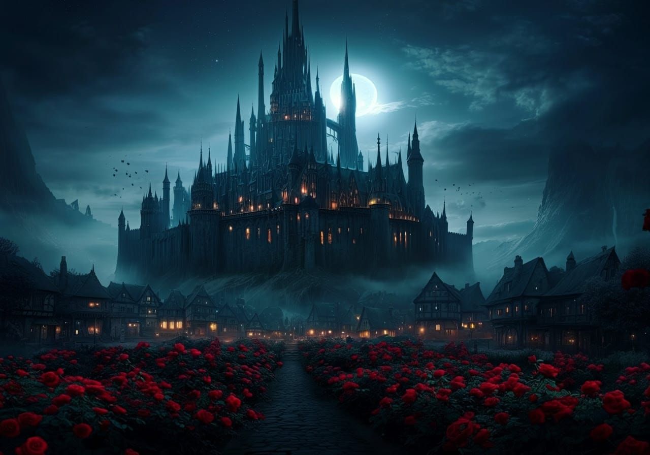 Majestic Dark Castle Rises Amidst Ancient City's Lush Garden...