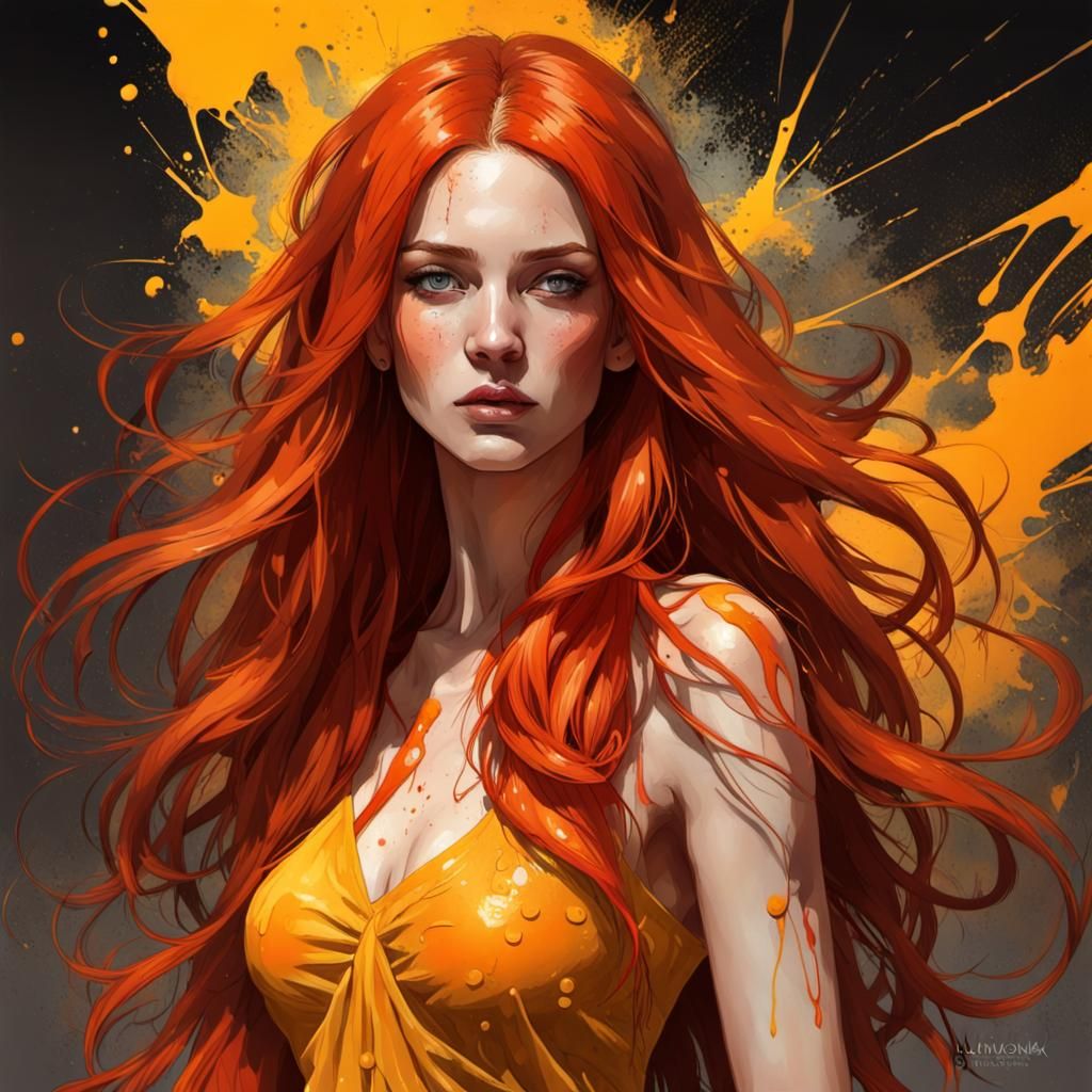Red-Haired Woman Portrait with Ink Splatter Effects