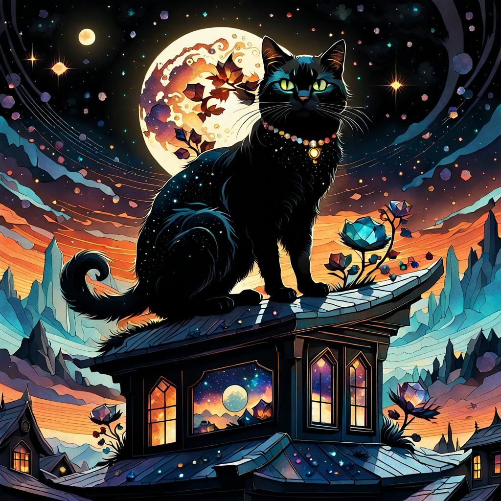 Crystalline Cat on Twilight Roof: Bioluminescent Gemstones