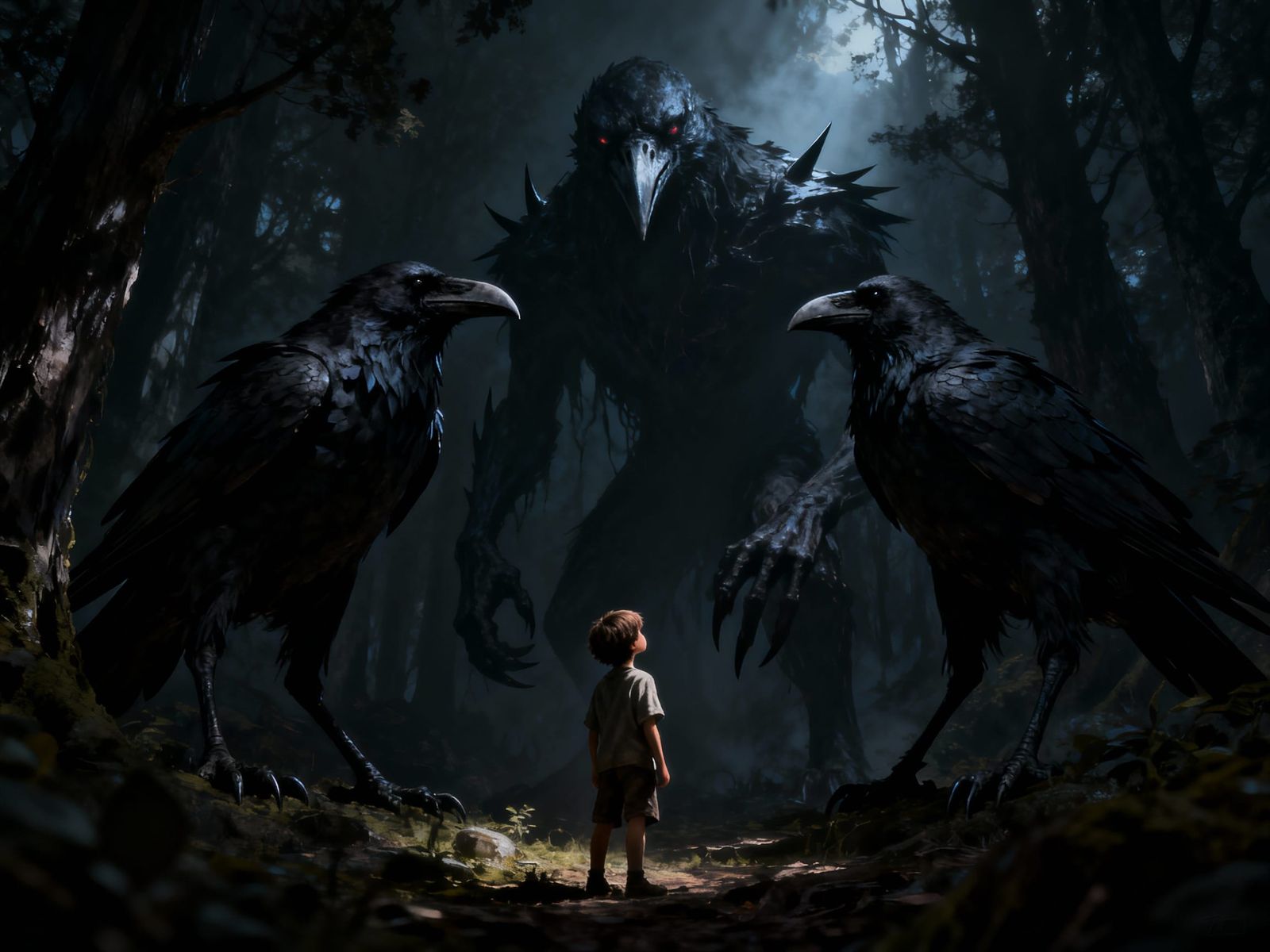 Child Confronts Towering Crow Creatures in Dark Fantasy Fore...