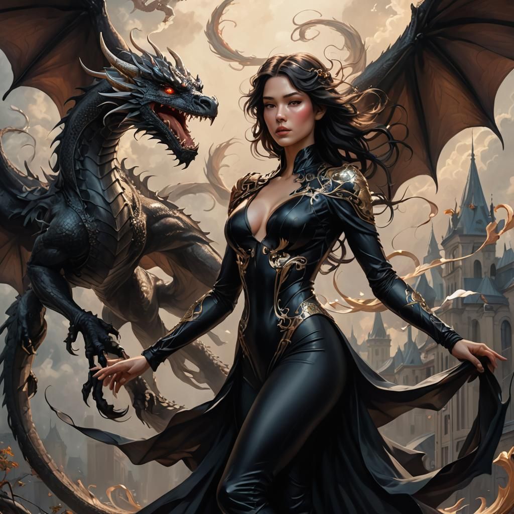 Elegant Lady and Dragon Soaring, Digital Painting