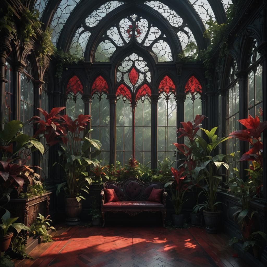 Gothic Conservatory with Red Fog, Dark Fantasy Art