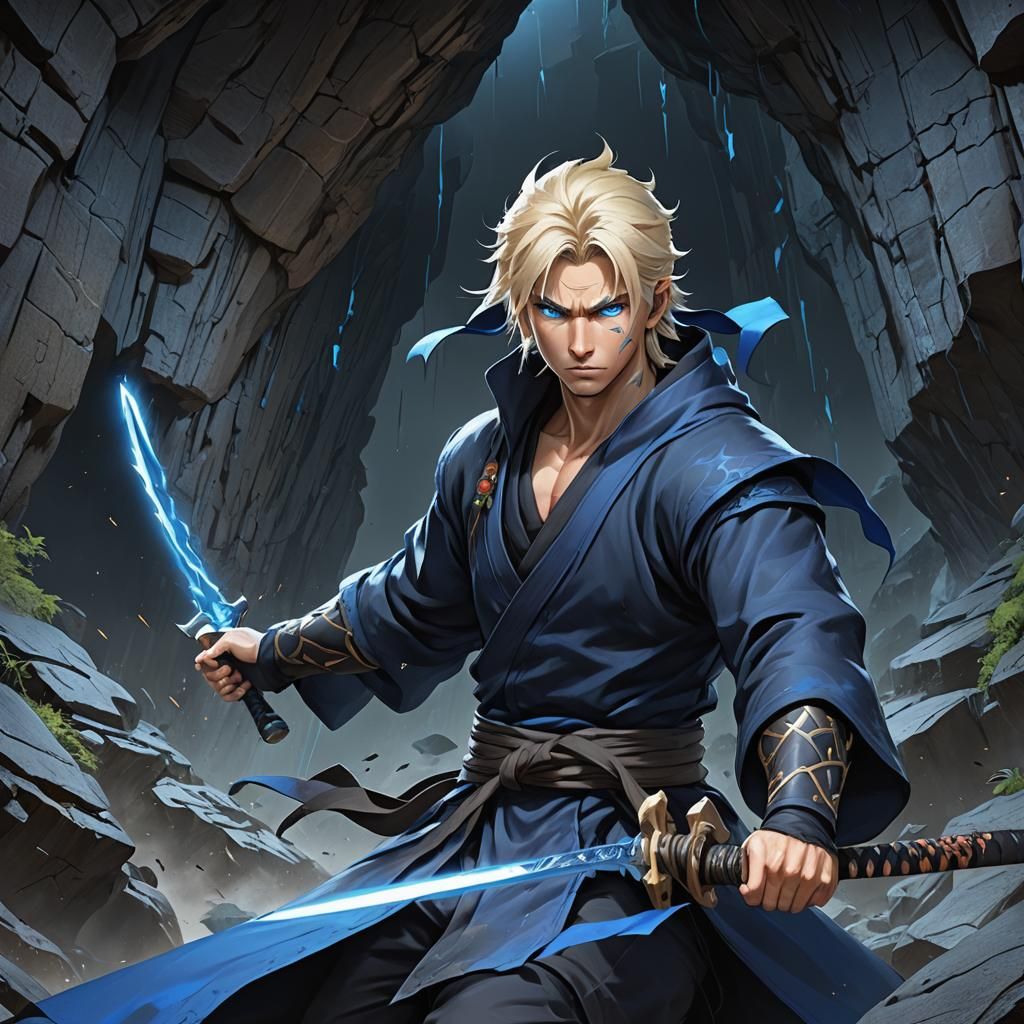 Anime Ninja with Electric Blue Knives