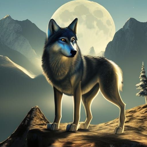 Realistic Wolf on Mountain with Moon, Digital Painting