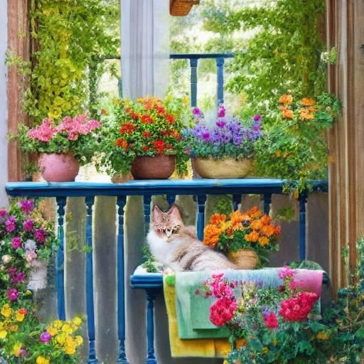 Blooming Balcony with Cat, Birds and Butterflies