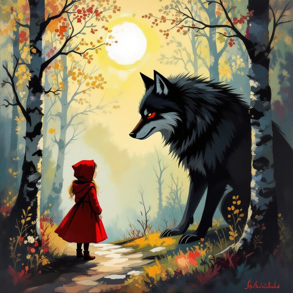 Little Red Riding Hood in Abstract Landscape