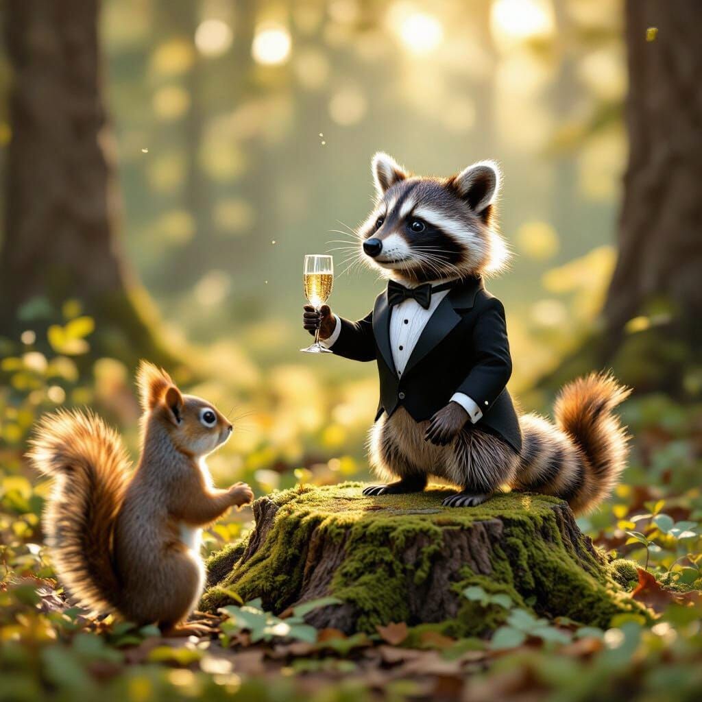 Raccoon in Tuxedo Proposes Toast: Photorealistic Forest Scen...