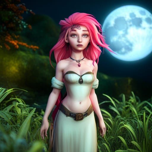 Pink-Haired Witch with Moon Eyes, 3D Render