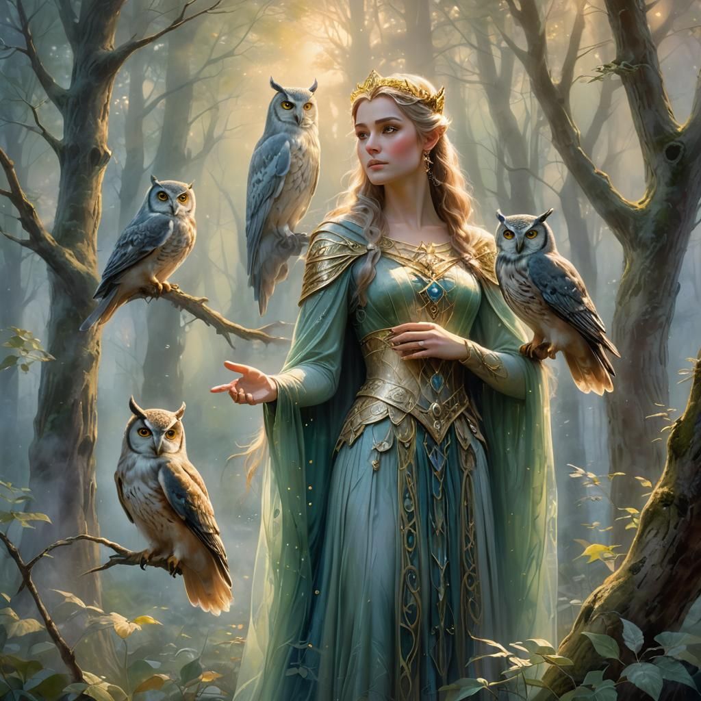Elven Queen with Owl Spirit in Ethereal Forest