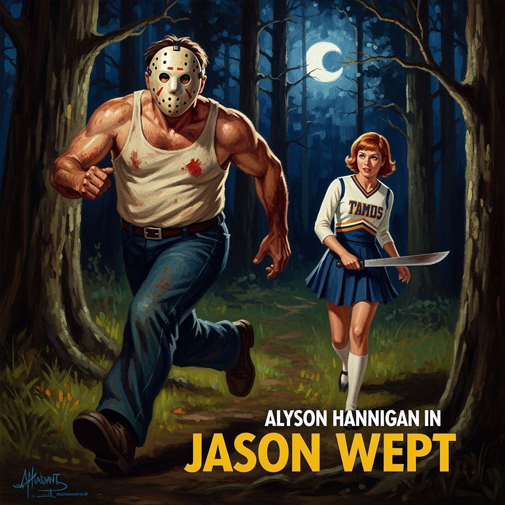 Horror Movie Poster: Hockey Masked Man Flees Cheerleader