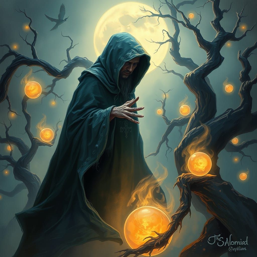 Mystical Warlock in Dreamy Moonlit Landscape