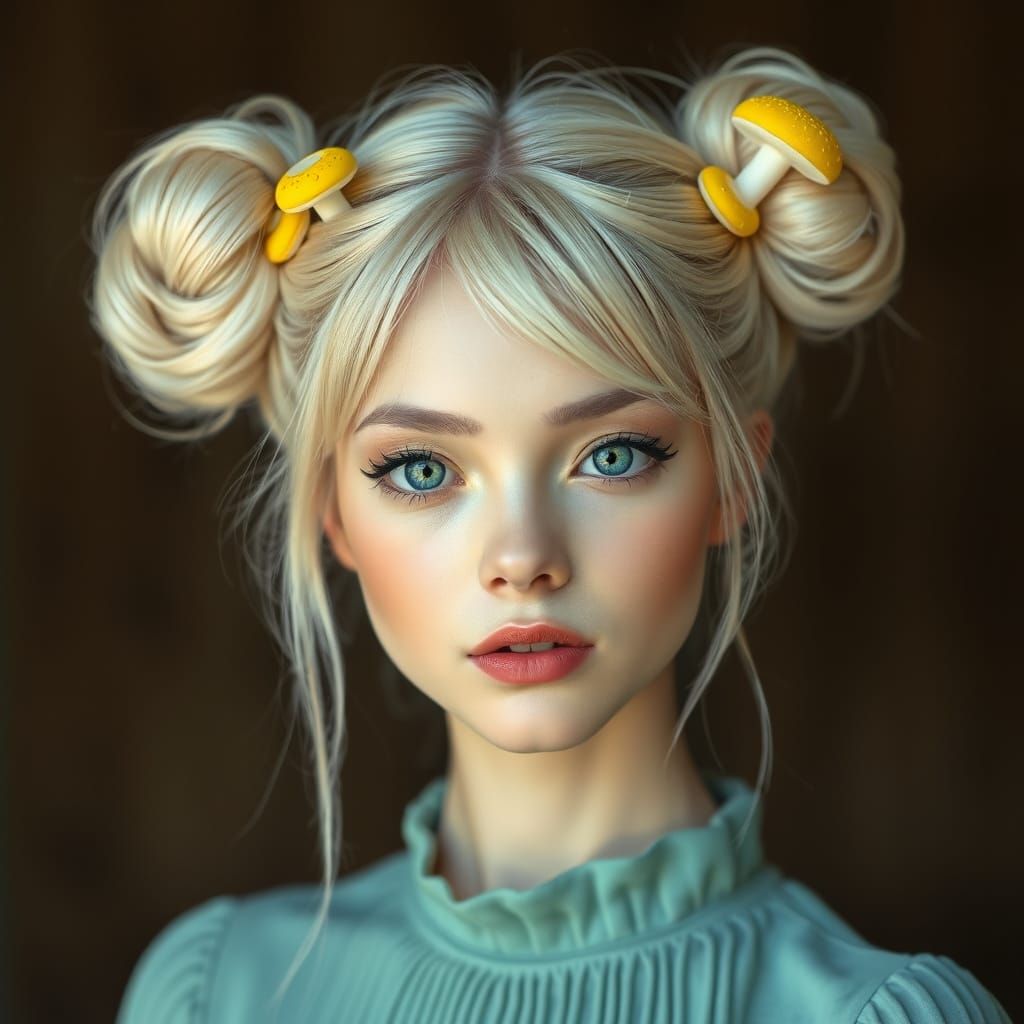 Whimsical Portrait of Woman with Mushroom Hair Pins