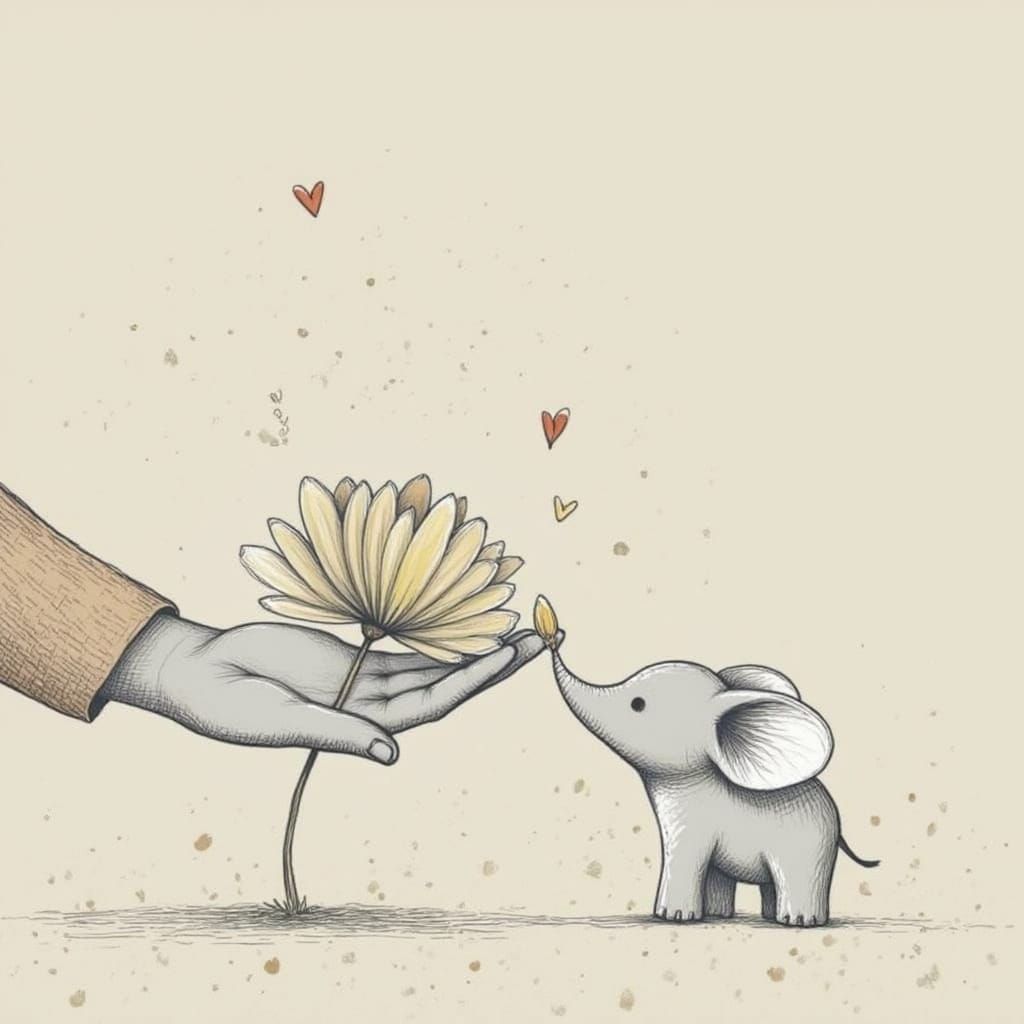 Whimsical Elephant Encounter in a Soft, Gray Landscape