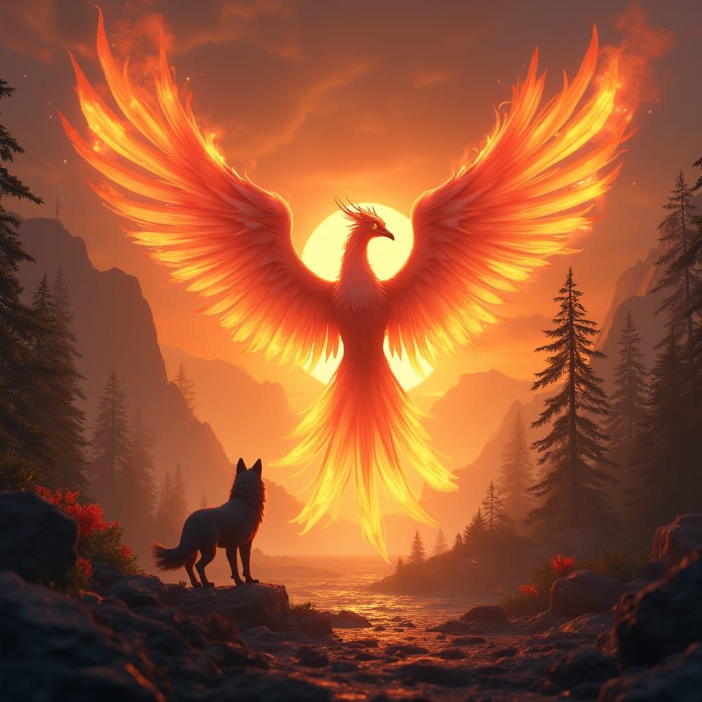 Majestic Phoenix Rises from Ashes in Mystical Forest
