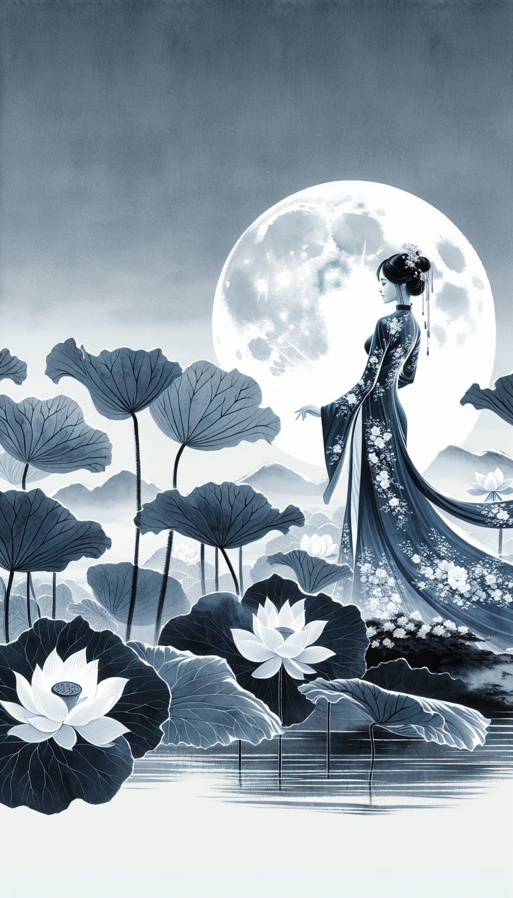 Vietnamese Ao Dai Under Full Moon in Ink Painting