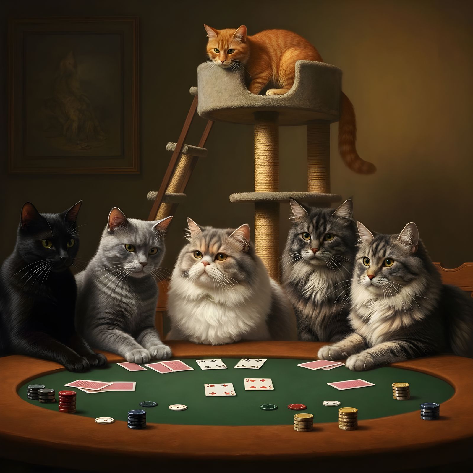 Cats Play Poker Around a Table with Cat Tower